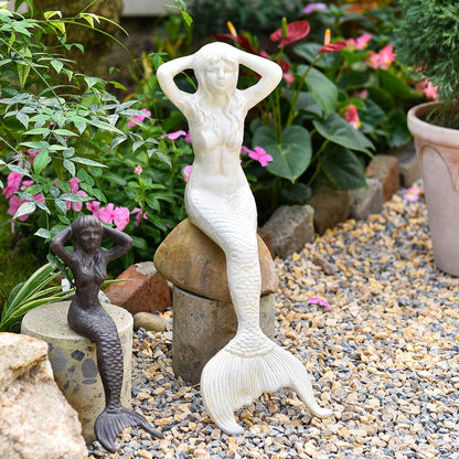 Sungmor 14.3" Tall Large Cast Iron Mermaid Statue, Sitting Mermaid Sculpture Decoration for Pool Pond Birdbath Shelf Desk, Rustic White Garden Figurines for Indoor Outdoor Fish Tank Fountain Rockeries