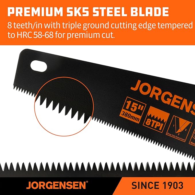 JORGENSEN 15??Hand Saw, Black Coated Coarse Handsaw 8TPI for Wood Cutting, Ergonomic Non-Slip Aluminum Handle for Sawing, Trimming, Gardening, Pruning, PVC