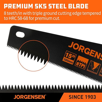 JORGENSEN 15??Hand Saw, Black Coated Coarse Handsaw 8TPI for Wood Cutting, Ergonomic Non-Slip Aluminum Handle for Sawing, Trimming, Gardening, Pruning, PVC
