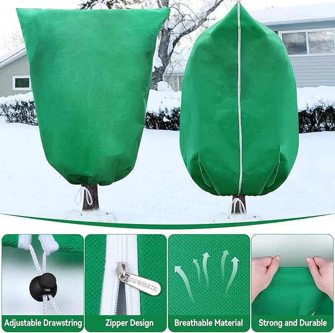 2 Packs Plant Covers Freeze Protection 47" x 70" 2.82oz/yd² Heavy Duty Winter Cold Weather Frost Cloth Blankets, Garden Warm Jacket Bags with Zipper & Drawstring for Outdoor Plants Fruit Tree Potted