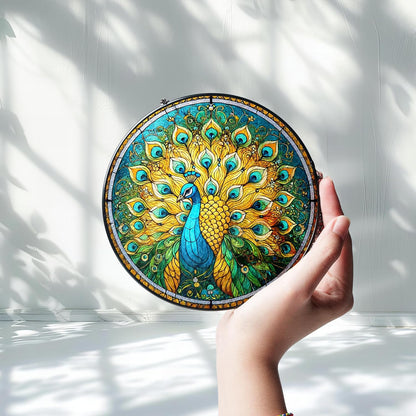 Peacock Stained Glass Suncatchers Wall Art Decor Exotic Birds Sun Catcher Nature Themed Window Garden for Animal Peacock Lovers Women Grandma Mom Painted Glass Panel Patio Décor