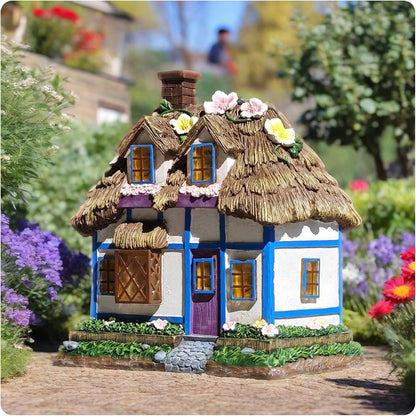 Resin Rustic Fairy Cottage Statues - M-Shaped Thatched Roof Garden Outdoor Decor with Solar Lights, Birthday Gifts for Women Mom Yard Decorations, Gardening Gifts for Patio, Balcony, Porch