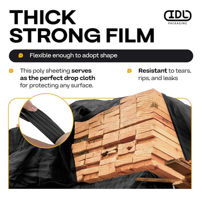 Black Construction Plastic Sheeting 6 mil, 10' x 100' (1000 sq. ft.) - Heavy Duty Plastic Cover for Construction & Painting - LDPE Film Roll - Heavy Duty Plastic Sheeting Roll by IDL Packaging
