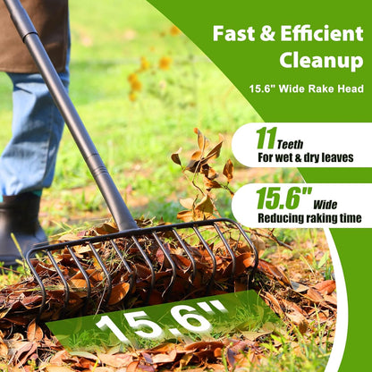 Rake, Heavy Duty Garden Rake with 11 Tines, 51 Inch Handle, 16 Inch Wide, Metal Garden Thatch Leaf Rakes for Raking Gathering Mulch,Metal Bow Rakes for Lawn Yard Bushes Pine Needles Leaves Grass