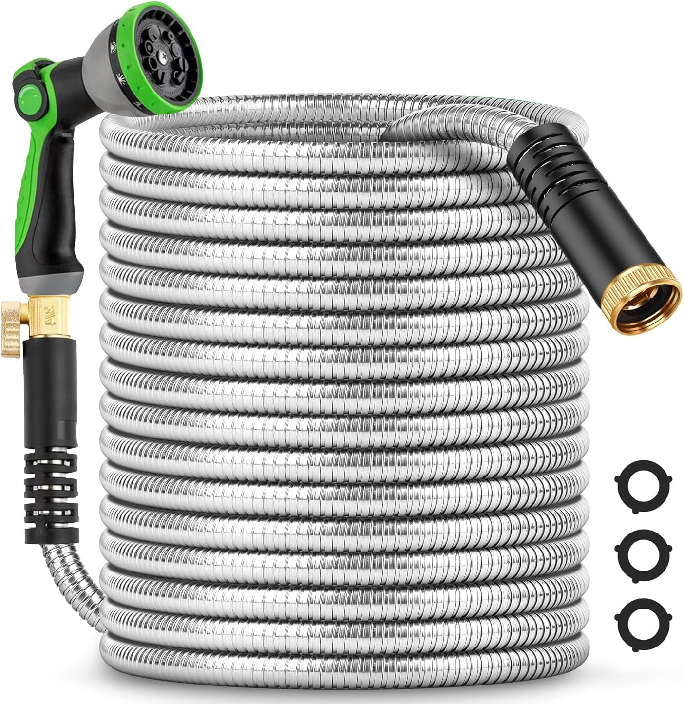 200Ft Metal Garden Hose durable stainless steel Water Hose, flexible, lightweight hose is resistant to kinks and tangles.With 10-way nozzle, strong 3/4” metal fittings, and a Stop Valve.
