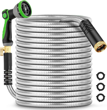 200Ft Metal Garden Hose durable stainless steel Water Hose, flexible, lightweight hose is resistant to kinks and tangles.With 10-way nozzle, strong 3/4” metal fittings, and a Stop Valve.