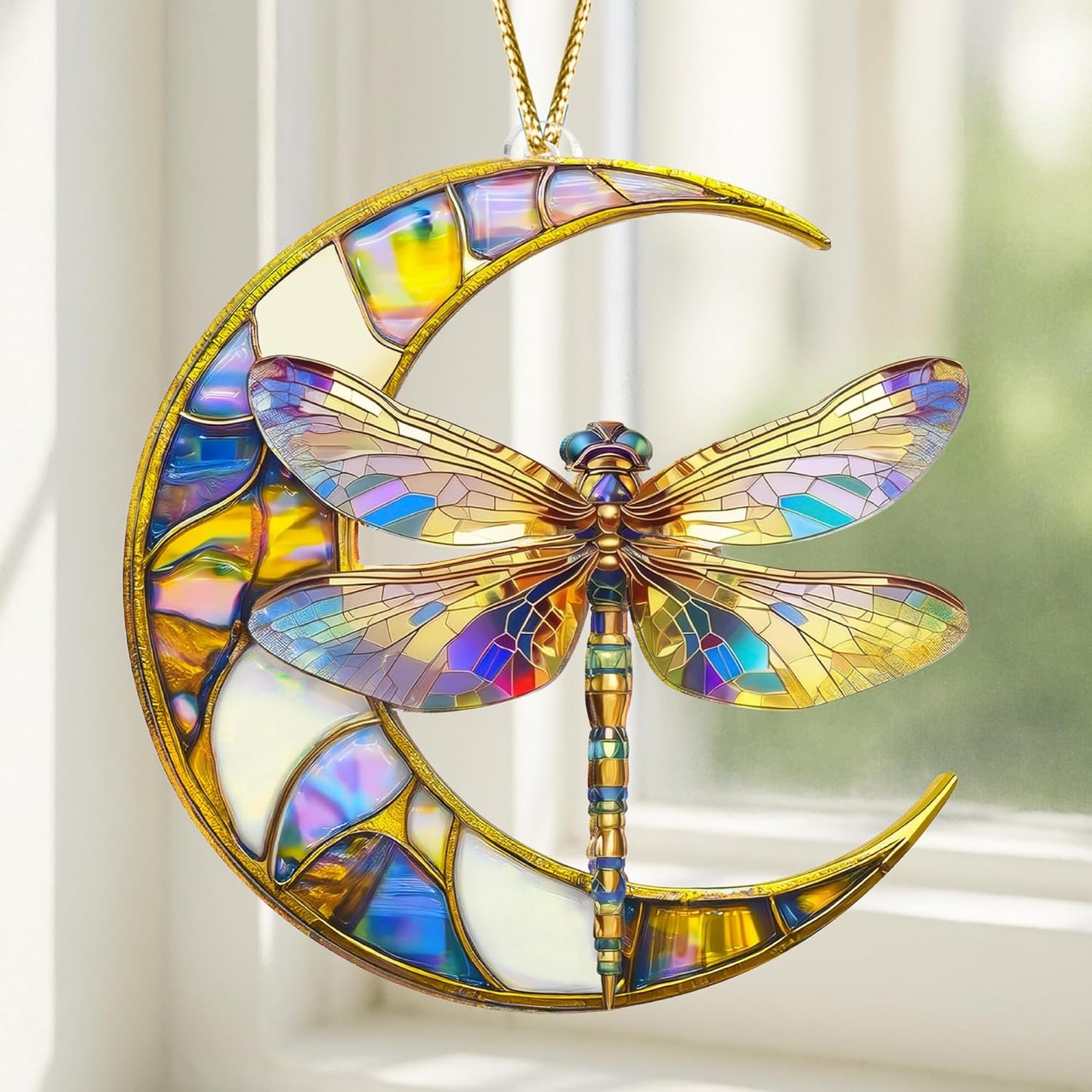 Dragonfly Gifts for Women, Dragonflies Decor Suncatcher Effect, Dragon Fly Stained Glass Effect, Dragonfly Ornaments for Christmas Tree Decoration, Birthday Gift for Mom (Moonwing)