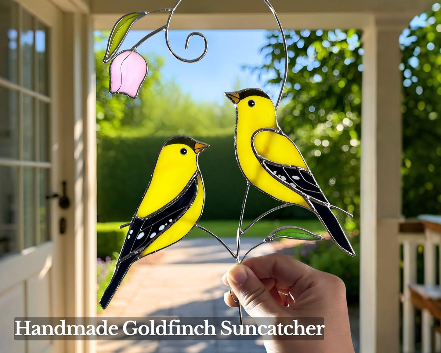 Goldfinch (1 Pair) Stained Glass Birds Suncatcher for Mom, Grandma, Women - Real Glass Window Hanging Ornament - Handmade Bird Lover Home Decor (Gifts Ready Packaging)