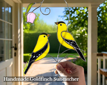 Goldfinch (1 Pair) Stained Glass Birds Suncatcher for Mom, Grandma, Women - Real Glass Window Hanging Ornament - Handmade Bird Lover Home Decor (Gifts Ready Packaging)