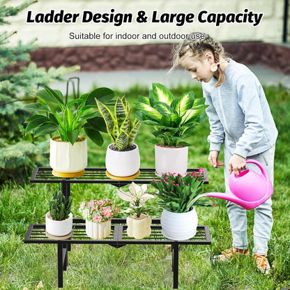 2 Tier Stackable Plant Stand Indoor Outdoor, Freestanding Tiered Folding Heavy Duty Metal Ladder Plant Shelf, Multiple Plant Pot Holder Display Rack for Living Room Garden Balcony Patio, Black