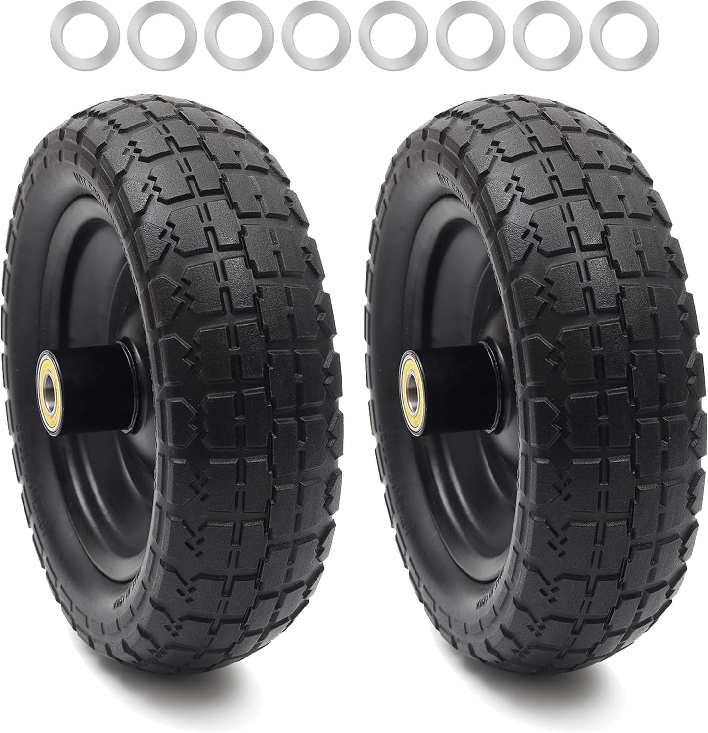 AR-PRO (2-Pack) 10" Flat Free Solid Tire and Wheel - with 5/8" Axle Bore Hole, 2.1" Offset Hub for 10 Inch Wheelbarrow Wheels - Compatible with Garden Cart,Trolleys,Hand Trucks and Yard Trailers