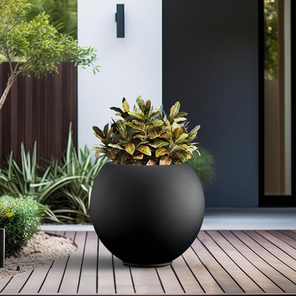 Kante Round Concrete Flower Pot, 19.3 Inch Dia (14" Opening) Sphere Shape Design Planter with Drainage Hole and Rubber Plug for Indoor & Outdoor Plants, Black Finish with Warm Brown Interior