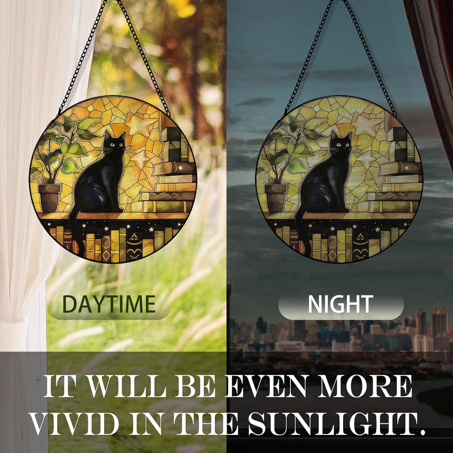 Black Cat Suncatcher Stained Glass Window Hanging, Cat Book Lovers Sun Catchers Indoor Window Glass Round Wall Decor, Book Lovers Gifts Wall Art Hanging Decorations, 7.8＂x7.8＂