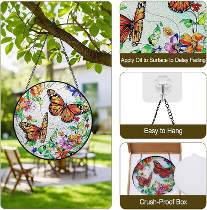 Butterfly Suncatcher Stained Glass Window Hanging - 7.87" Round Sun Catchers Indoor Window Art, Stain Glass Art Panel for Wall Decorations, Memorial Gifts for Women, Mother's Day, Garden & Home Decor