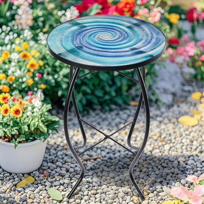 MUMTOP Outdoor End Tables for Patio, The Milky Way Small Round Side Table, Glass Accent Table for Outside, Garden, Balcony, Porch, Indoor Home Decor