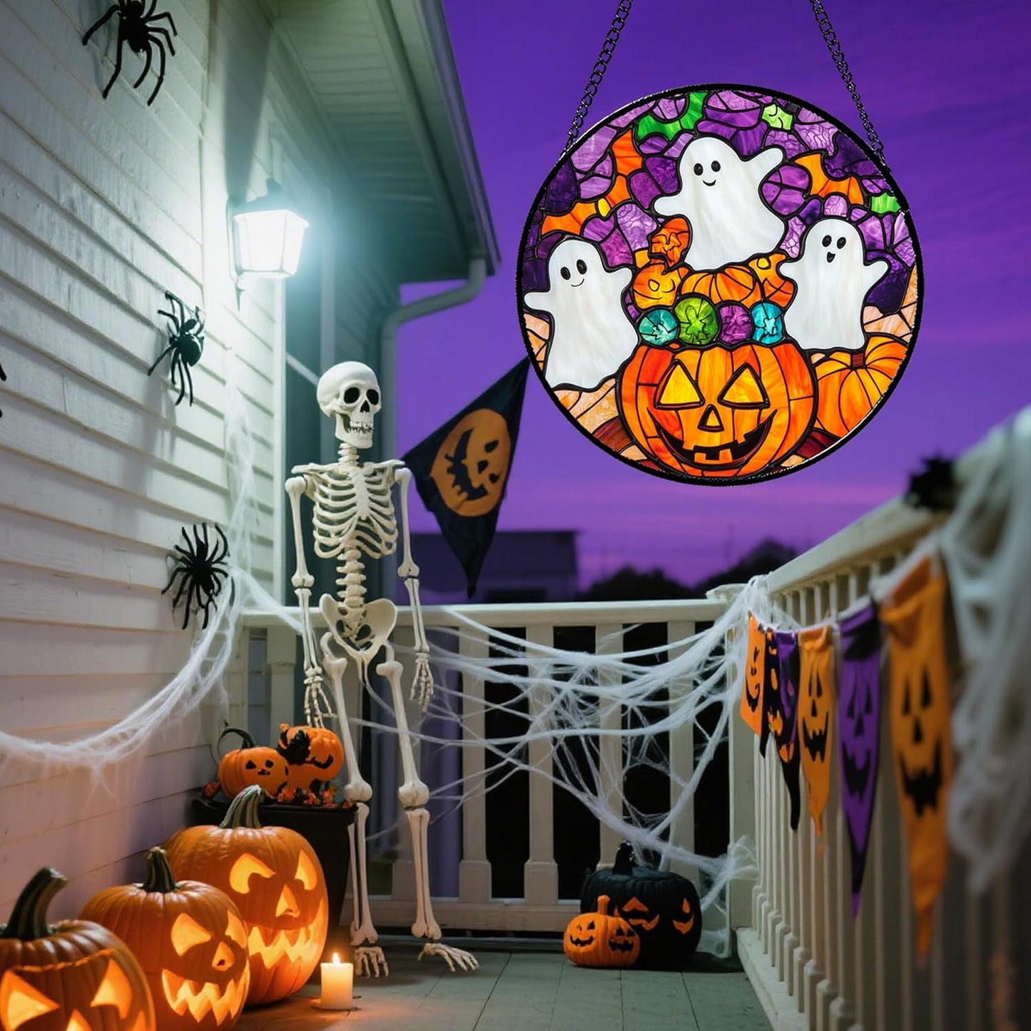 Stained Glass Window Hanging Halloween Horror Pumpkin White Ghost 15" - Suncatcher Door Garden Sunroom Gothic Style Sun Catcher Birthday for Friend Mom Men Woman Nana