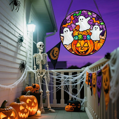 Stained Glass Window Hanging Halloween Horror Pumpkin White Ghost 15" - Suncatcher Door Garden Sunroom Gothic Style Sun Catcher Birthday for Friend Mom Men Woman Nana