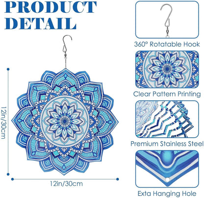Wind Spinner Mandala Blue, 12-Inch 3D Kinetic Stainless Steel Metal Hanging Wind Spinners Outdoor, Flowers Yard Art Garden Porch Indoor Outdoor Decor