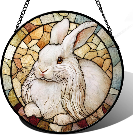 Stained Glass Window Hanging Cute White Angora Rabbit 6.3" - Bunny Suncatcher Door Garden Sunroom