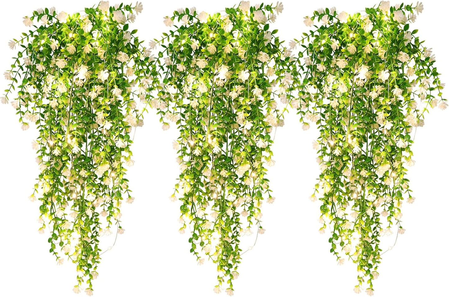 RECUTMS 3 Pcs Hanging Fake Plants Fake Vines Artificial Plants Large Faux Hanging Plant with 30 LED String Light, Artificial Greenery Wall Indoor Outdoor(White)