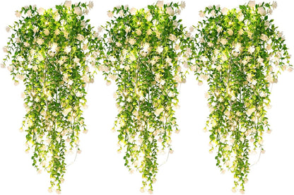 RECUTMS 3 Pcs Hanging Fake Plants Fake Vines Artificial Plants Large Faux Hanging Plant with 30 LED String Light, Artificial Greenery Wall Indoor Outdoor(White)