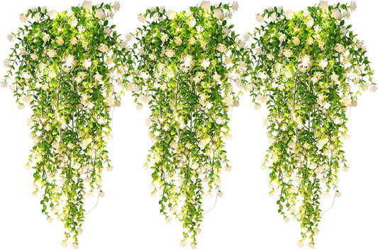 RECUTMS 3 Pcs Hanging Fake Plants Fake Vines Artificial Plants Large Faux Hanging Plant with 30 LED String Light, Artificial Greenery Wall Indoor Outdoor(White)