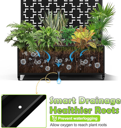 15.7"×70.9"×35.4" Metal Raised Garden Bed with Trellis and Wheels - Tall Trellis Planter Box for Climbing Plants, Vegetables & Vines - Outdoor Privacy Planters for Patio (Black-Square)