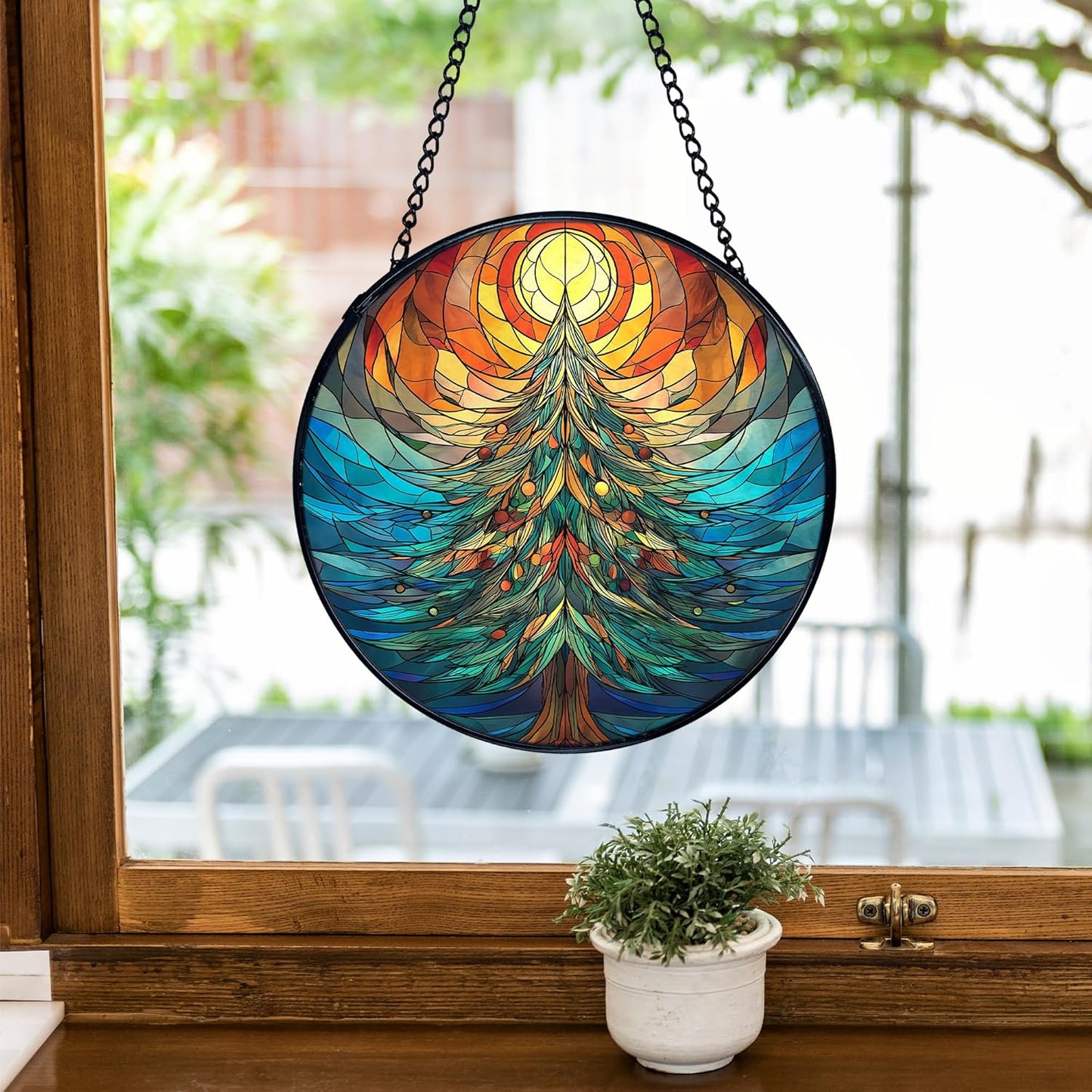 TNUW Christmas Tree Stained Glass Window Hanging, Rustic Winter Christmas Tree Sun Catchers Indoor Window Glass Round Wall Art Decor, Xmas Wall Hanging Decorations, 7.9＂x7.9＂