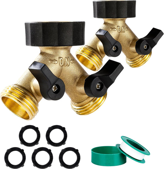 Dalmbox Garden Hose Splitter 2 Way, Y Connector Brass Garden Hose Adapter, Water Hose Splitter, Double Shut Off Valve, Includes 5 Rubber Washers & Teflon Tape(2 pack)