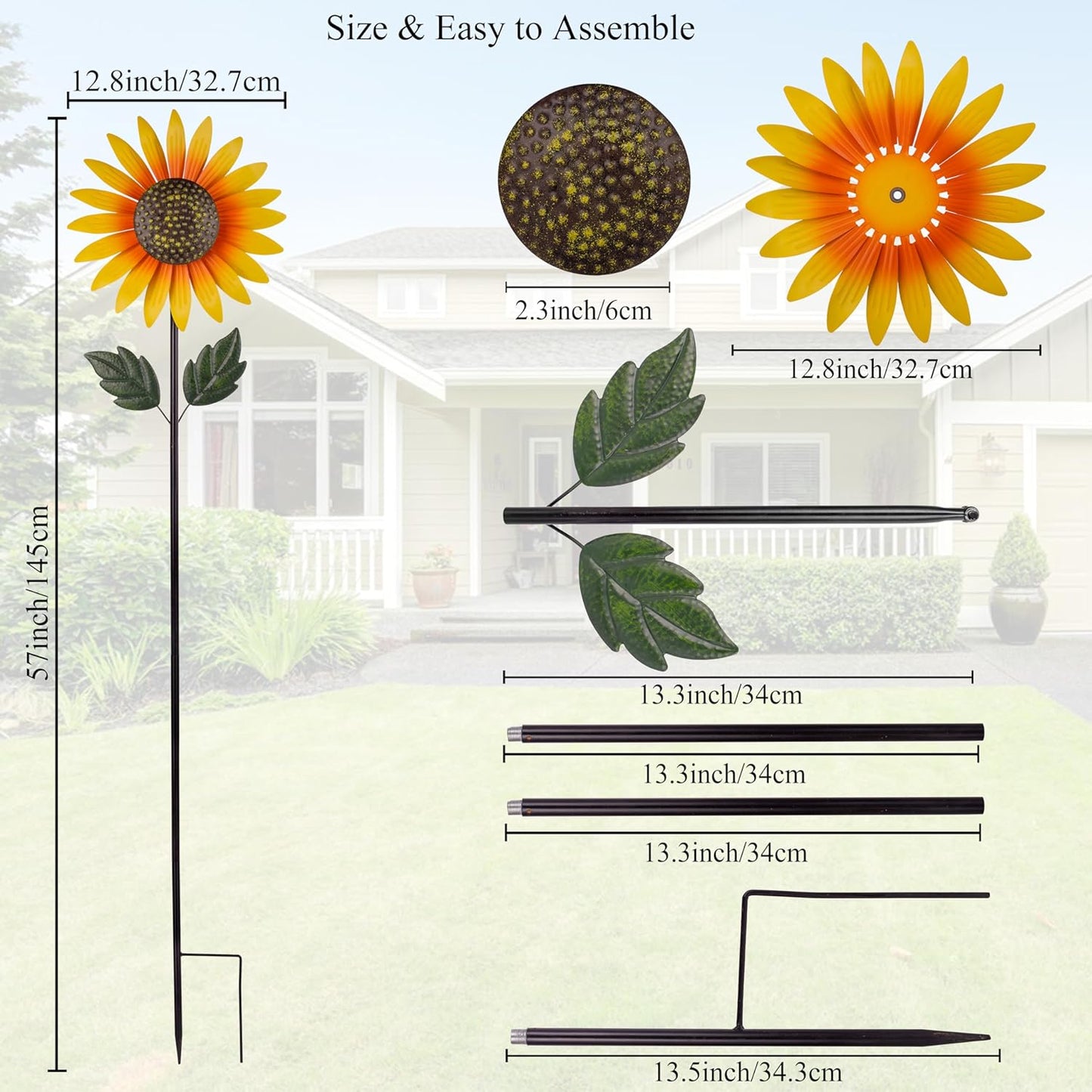 Yard Wind Spinner Outdoor,Garden Wind Spinners & Wind Sculptures,Sunflower Windmills Lawn Decor,Metal Flower Garden Pinwheels for Yard,12.8 * 57 Inches