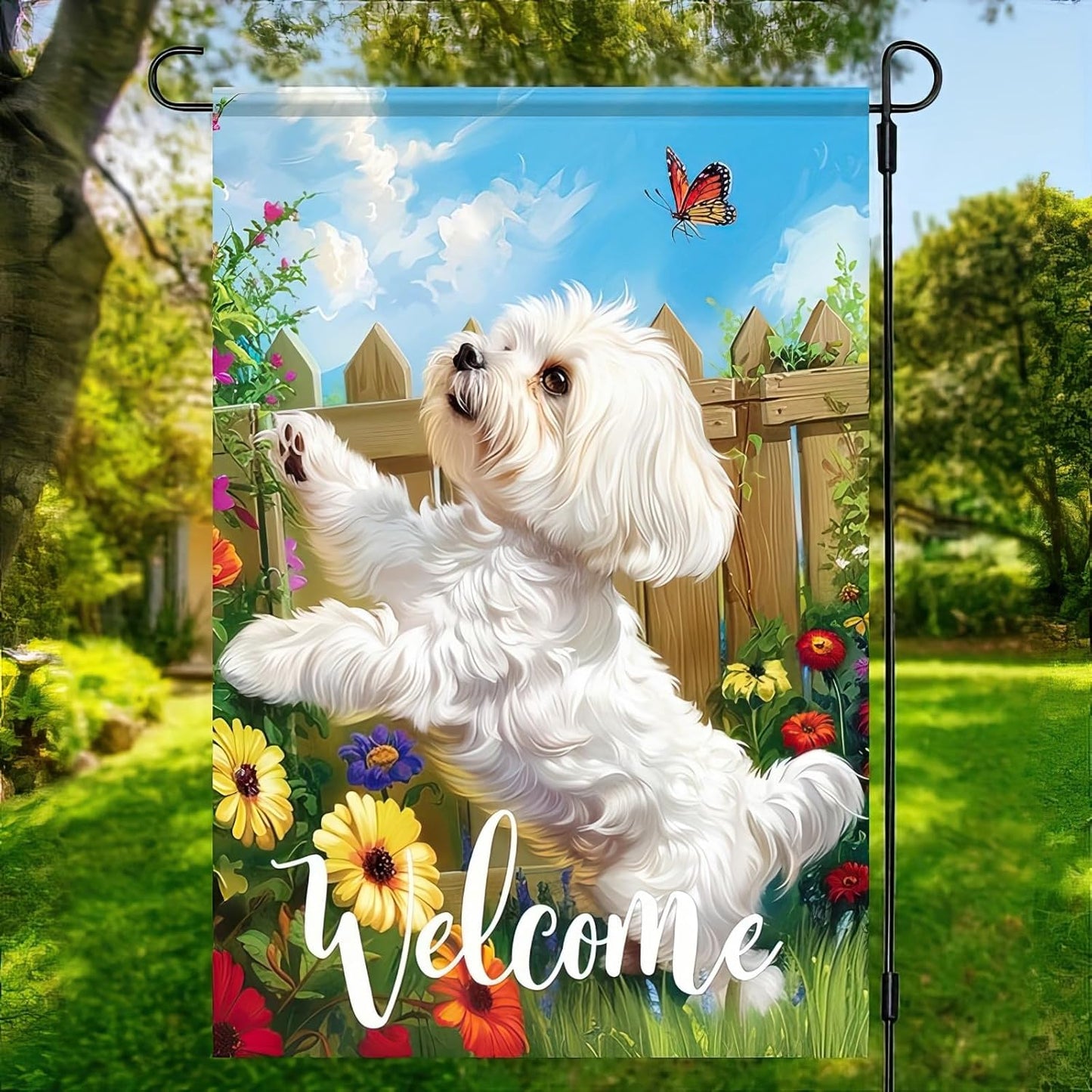 BlissYard Welcome Spring Summer Flowers Maltese Dog Garden Flag Lovely Floral Seasonal Home Decor Banner 12x18 Double Sided Funny Dog Garden Flag Farmhouse Outdoor Yard Decoration Flag