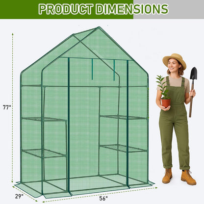 Outvita Walk-in Greenhouse, Outdoor Durable PE Plant Green House for Frost Protection with 3 Tiers 4 Shelves, Shelf Clips, Roll-up Zipper Door, 56"x29"x77" Green