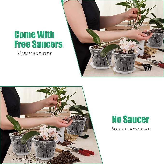 Orchid Pots- 2 Each of 4, 5, 6 and 7 inch- 8 Pots and Saucers, Orchid Pots with Holes and Clear Plastic Orchid Pots for Repotting