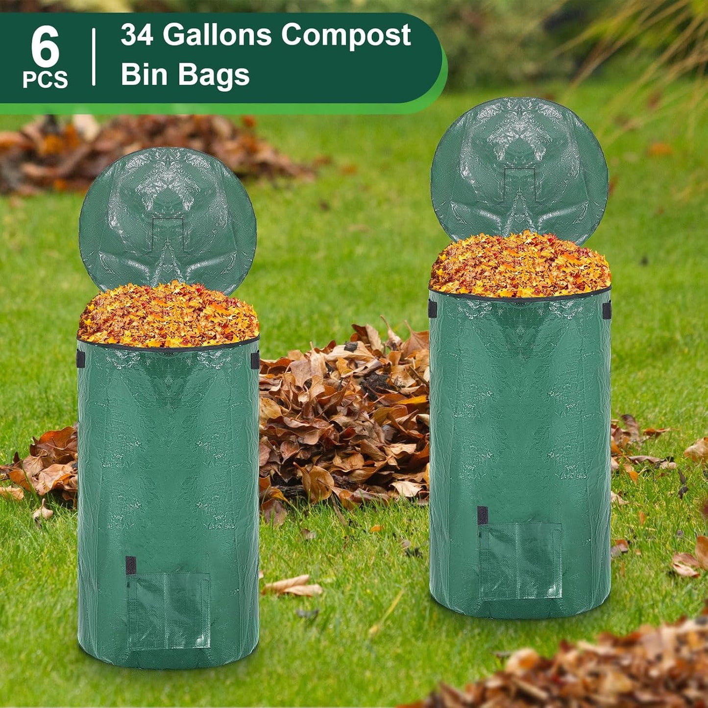 Berlune 6 Pcs Reusable Yard Waste Bags with Lid and Handles Extra Large Lawn Bags for Collecting Fall Leaves Heavy Duty Garden Trash Container for Camping Outdoor Debris Branches Grass(34 Gallon)