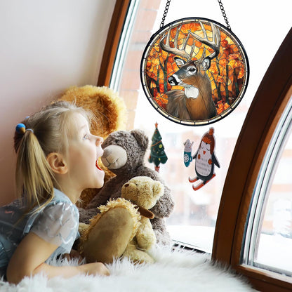 TNUW Fall Deer Stained Glass Window Hanging, Rustic Autumn Forest Wildlife Deer Sun Catchers Indoor Window Glass Round Wall Art Decor, Fall Wall Hanging Decorations, 7.9＂x7.9＂