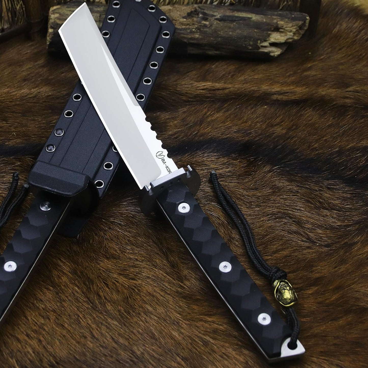 BA-KOR 15.8in Full Tang Japanese Style Outdoor Knife –8mm DC53 Steel, Nylon Fiber Handle &Sheath, Hunting Survival Knife+(5.9in) cerium igniter (Black handle and white blade (8mm))