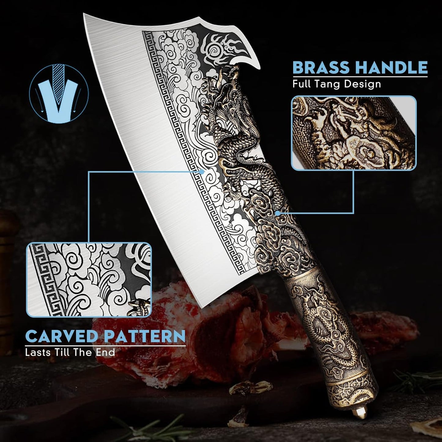 ROCOCO 2lb Dragon Butcher Knife Heavey Duty Cleaver Knife for Meat Bone Cutting 9.5" Cool Big Viking Camping Chopper Cutter with Sheath Birthday Father Mother Christmas Gift Idea Men