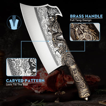 ROCOCO 2lb Dragon Butcher Knife Heavey Duty Cleaver Knife for Meat Bone Cutting 9.5" Cool Big Viking Camping Chopper Cutter with Sheath Birthday Father Mother Christmas Gift Idea Men
