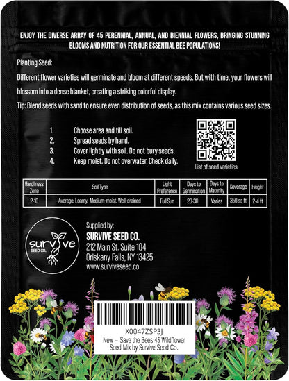 Package of 100,000 Wildflower Seeds - Save The Bees Wild Flower Seeds Collection - 45 Varieties of Pure Non-GMO Flower Seeds for Planting Including Milkweed, Poppy, and Lupine