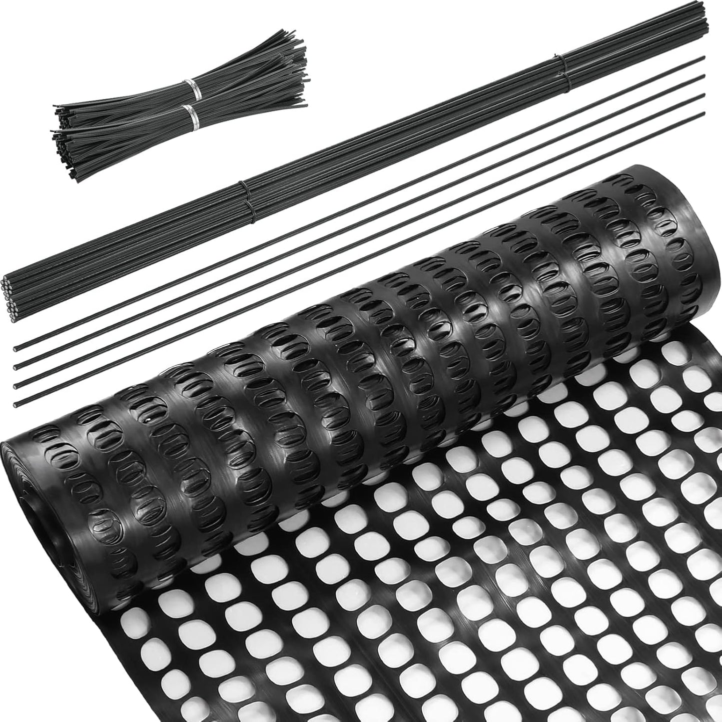 Plastic Garden Fencing Roll Safety Construction Barrier Outdoor Snow Mesh Fence Garden Netting, 1.2 Inch Mesh, Coated Iron Wire Support Stakes, Cable Ties for Garden (Black, 3.3 x 100 Feet)