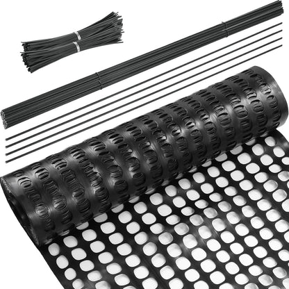 Plastic Garden Fencing Roll Safety Construction Barrier Outdoor Snow Mesh Fence Garden Netting, 1.2 Inch Mesh, Coated Iron Wire Support Stakes, Cable Ties for Garden (Black, 3.3 x 100 Feet)