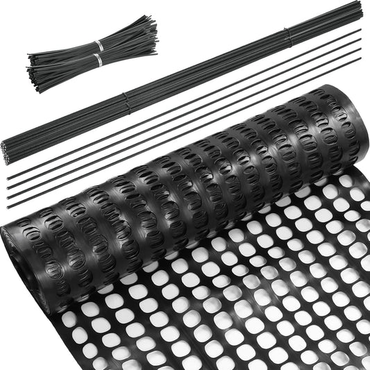 Plastic Garden Fencing Roll Safety Construction Barrier Outdoor Snow Mesh Fence Garden Netting, 1.2 Inch Mesh, Coated Iron Wire Support Stakes, Cable Ties for Garden (Black, 3.3 x 100 Feet)