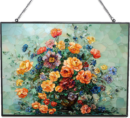 Customized Rectangle Flower Vase Stained Glass Window Hanging Sun Catcher Halloween Haning Ornament Decoration Christmas Birthday Gifts for Lover, Friends