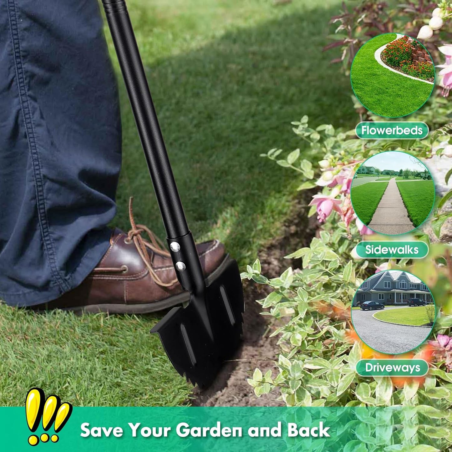 Saw Tooth Edger Lawn Tool, Half Moon Manual Lawn Edger with T-Grip, Sidewalk Grass Long Handled Step Grass Edger, 36-Inch Long Handle Hand Edger
