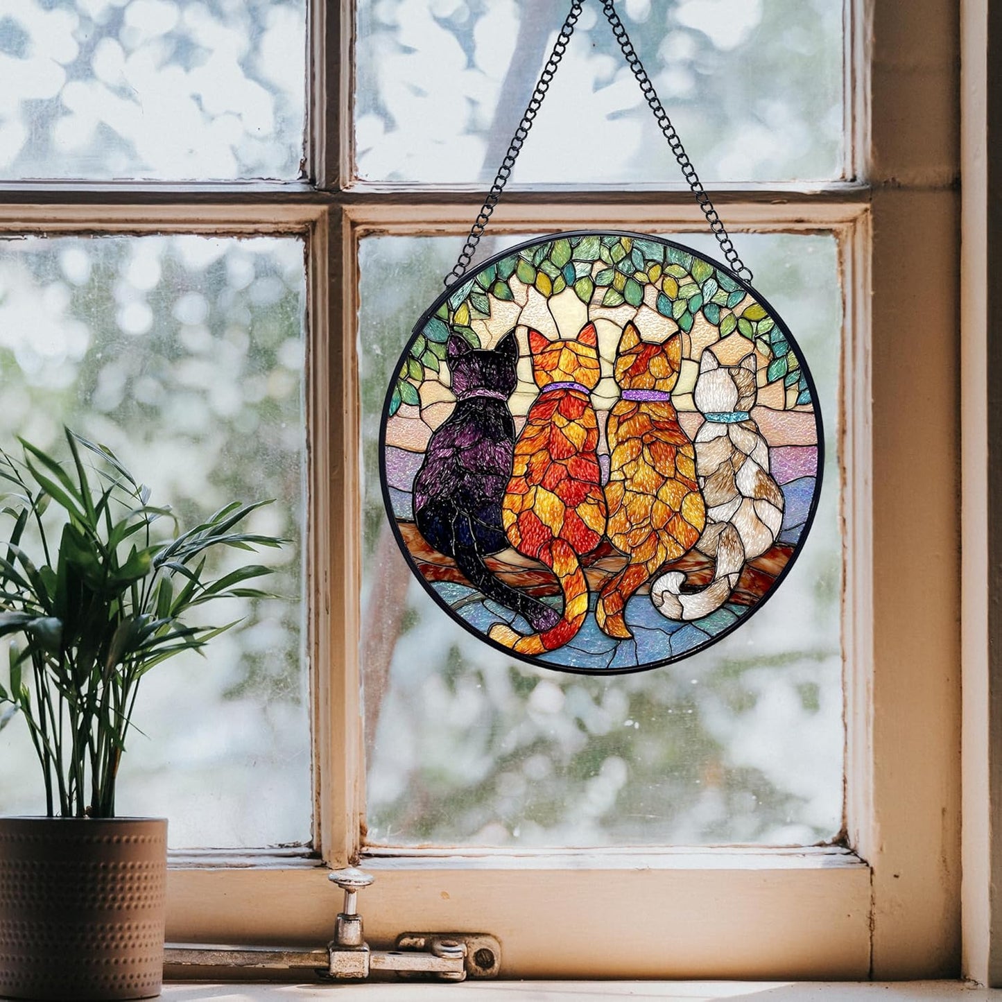 Cat Stained Glass Window Hanging Suncatchers, Cat Mom Lovers Owner Gifts Sun Catchers Indoor Window Glass Wall Art Decor, Cats Wall Hanging Decorations Sculptures, 7.9x7.9in