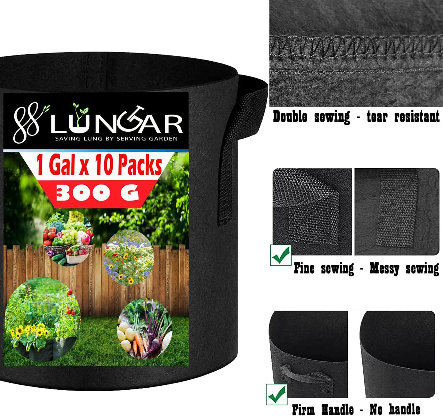 Plant Grow Bags - 20 Gallon 10 Packs Planter Pot, Thickest Aeration 300G Non-Woven Fabric, Reinforced Handles for Weatherproof Nursery Pot, Enhanced Double Seam