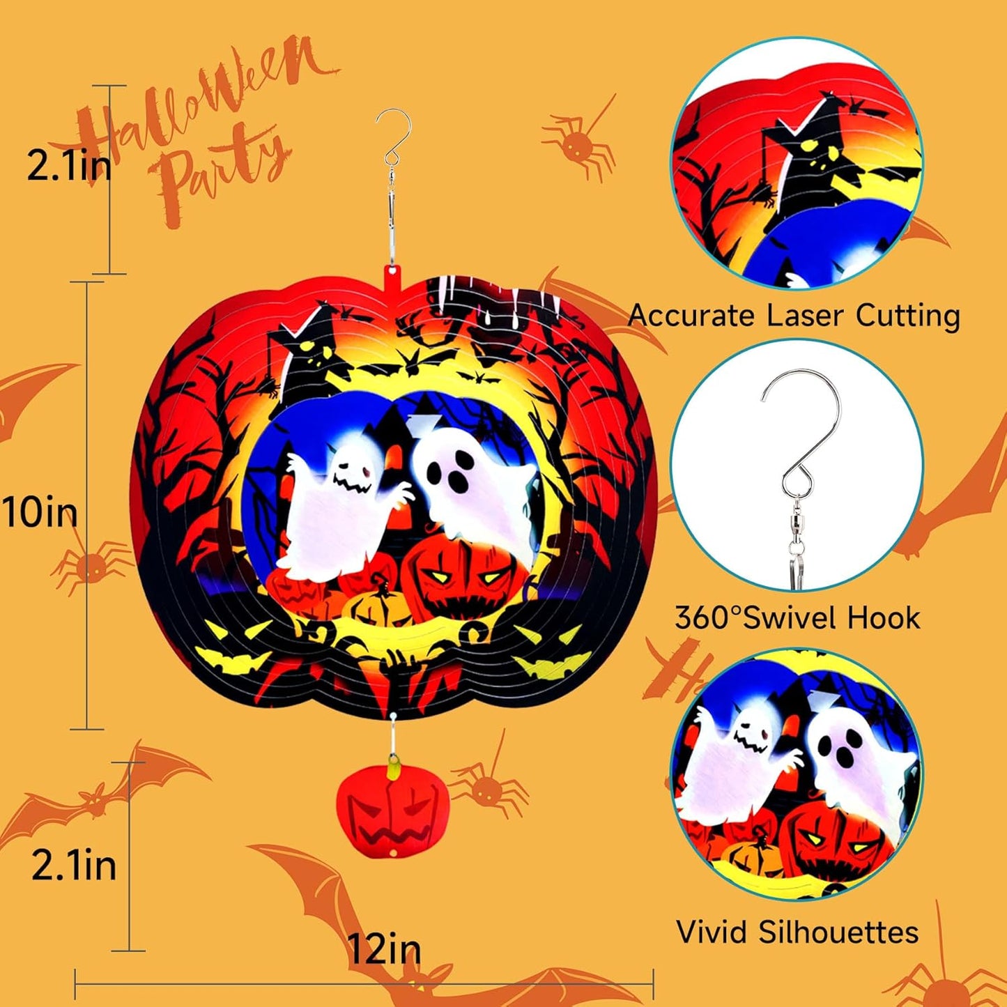 Halloween Pumpkin Wind Spinner - Outdoor Metal Decor with Spinning Ghosts & Bats, 3D Spooky Garden Art Ornaments Decorations for Halloween Party, Patio and Porch Gift 12 Inch
