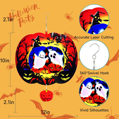 Halloween Pumpkin Wind Spinner - Outdoor Metal Decor with Spinning Ghosts & Bats, 3D Spooky Garden Art Ornaments Decorations for Halloween Party, Patio and Porch Gift 12 Inch