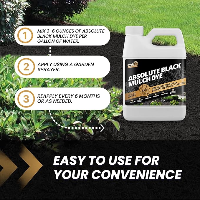 32oz Absolute Black Mulch Dye - Covers up to 2,500 sq. ft., Liquid Mulch Dye Black, Premium Color Concentrate, Ideal for Landscaping, Renews Faded Rubber or Wood Chips, 100% Color Pigment