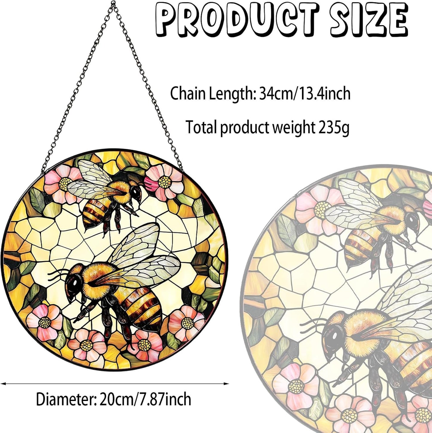 Bee Wildflower Stained Glass Window Hanging Bee Sun Catcher Honeybee Gifts for Women Christmas Suncatchers for Garden Home Windows Hanging Decoration, 7.87inch